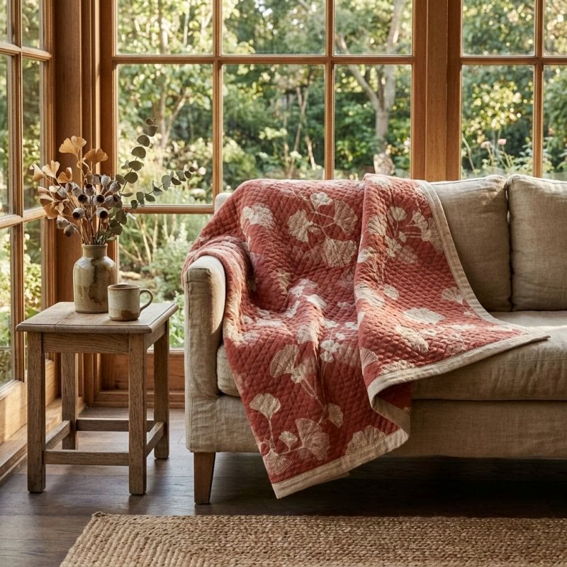 Ownkoti Red Ginkgo Leaf Pattern Cotton Blanket - image 4