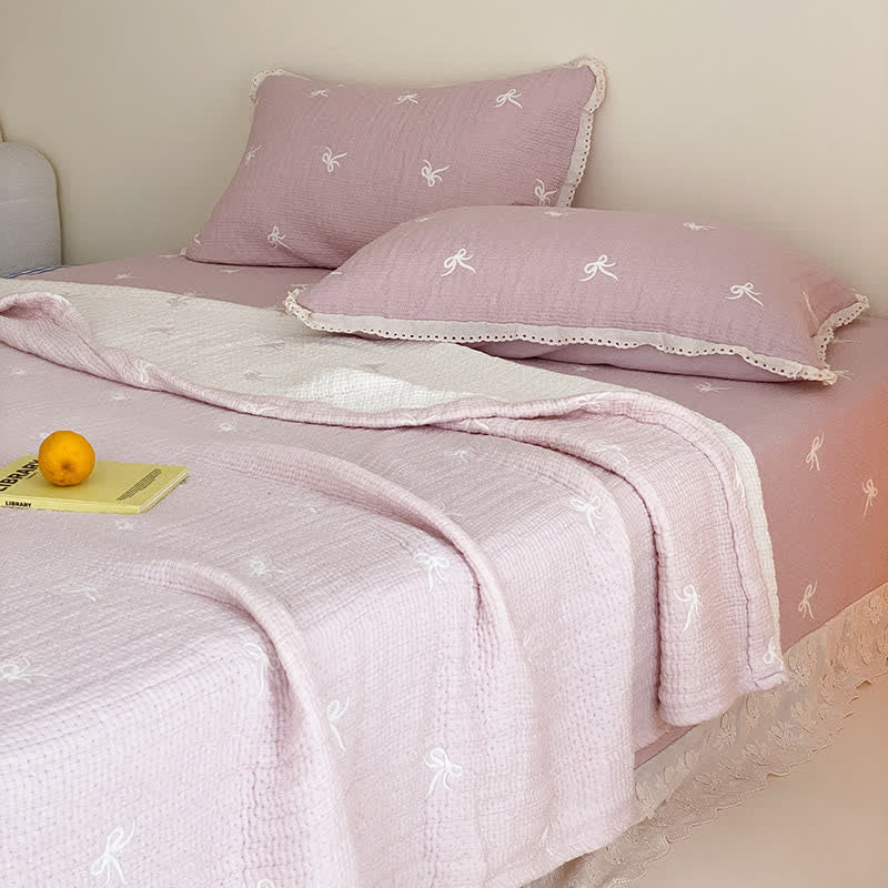 Ownkoti Ruffled Bow Quilted Lyocell Summer Quilt - Purple - 79" × 91" - 3PCS Bedding Set - image 0