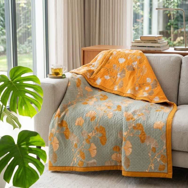 Ownkoti Reversible Ginkgo Botanical Quilted Blanket - image 2