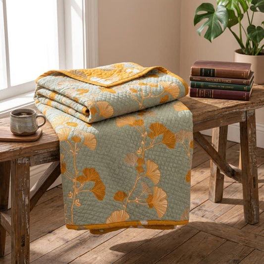 Ownkoti Reversible Ginkgo Botanical Quilted Blanket - Grey - 90" x 92" - image 0