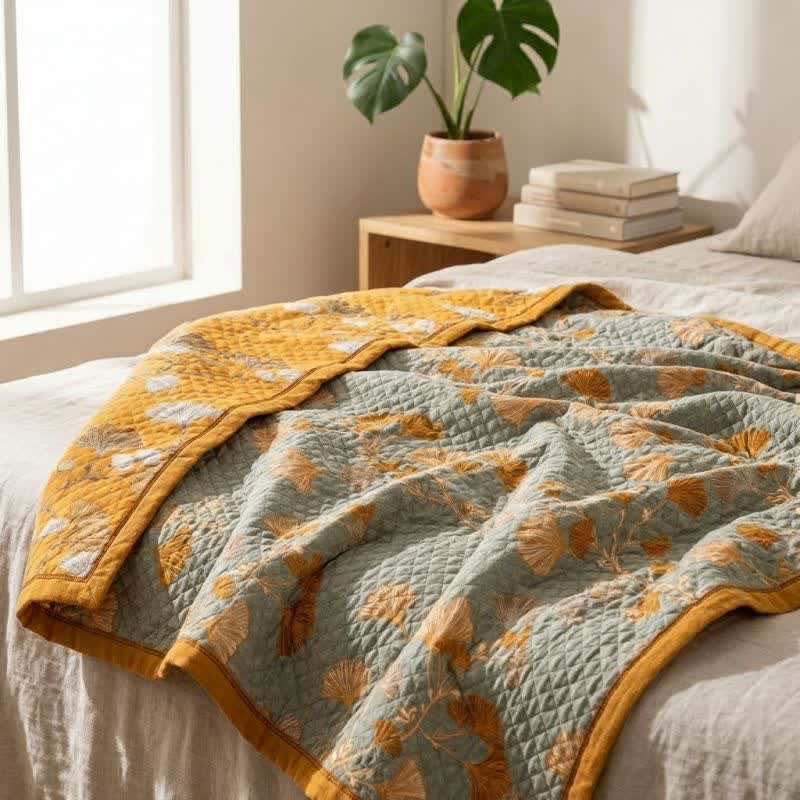 Ownkoti Reversible Ginkgo Botanical Quilted Blanket - image 3