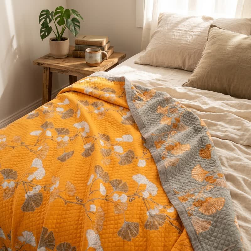 Ownkoti Reversible Ginkgo Botanical Quilted Blanket - image 9