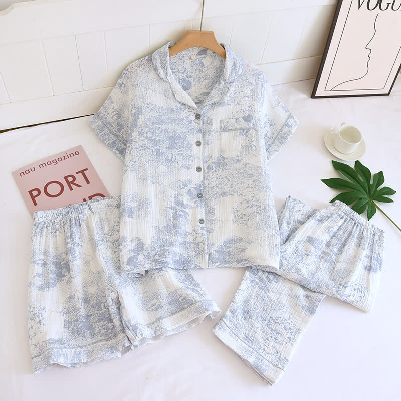 Ownkoti Watercolor 3-Piece Cotton Gauze Pajama Set - Blue - XL - image 0