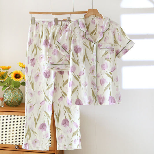 Ownkoti Romantic Tulip 3-Piece Cotton Gauze Pajama Set - Beige - XL - image 0