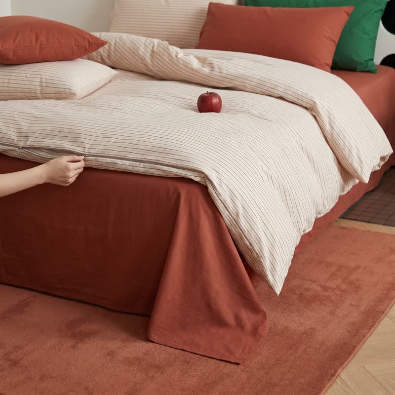 Ownkoti Washed Cotton French Blue Stripe Bedding Set - Red - King - Fitted Sheet - image 3