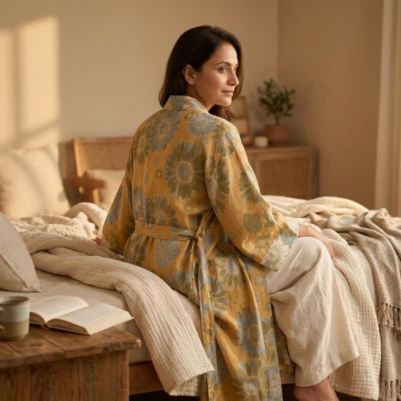 Ownkoti Vintage Sunflower Cotton Kimono Bathrobe - image 3