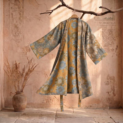 Ownkoti Vintage Sunflower Cotton Kimono Bathrobe - Grey - 2XL - image 6