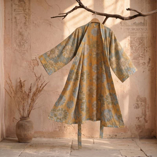 Ownkoti Vintage Sunflower Cotton Kimono Bathrobe - Orange - 2XL - image 0