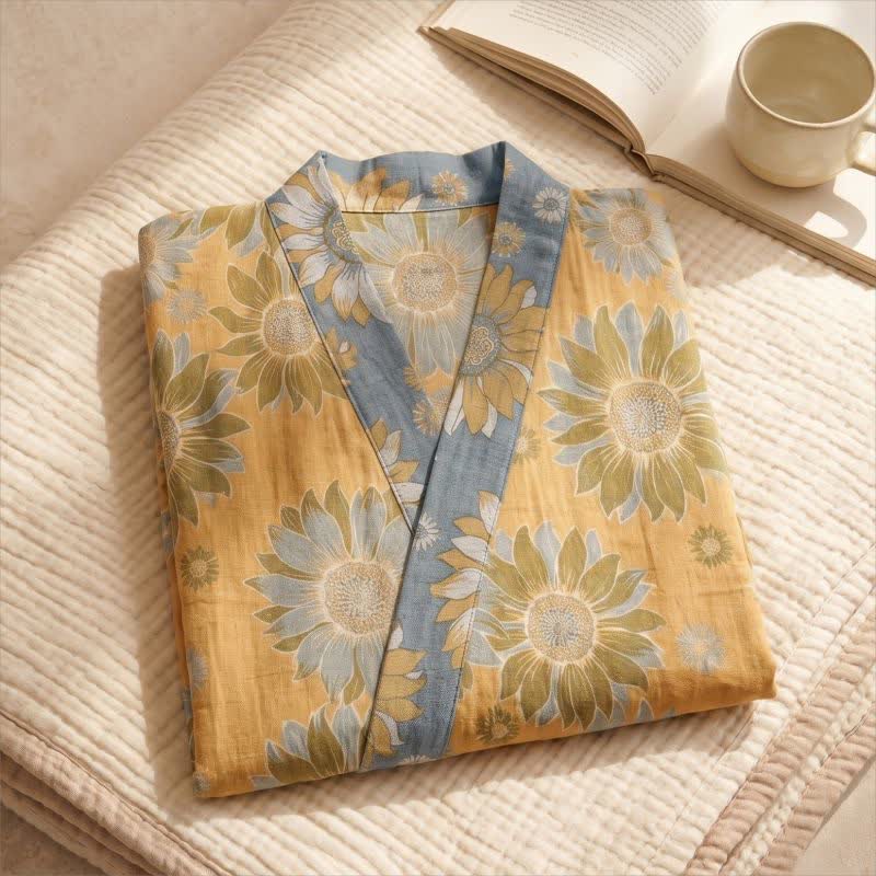 Ownkoti Vintage Sunflower Cotton Kimono Bathrobe - image 5