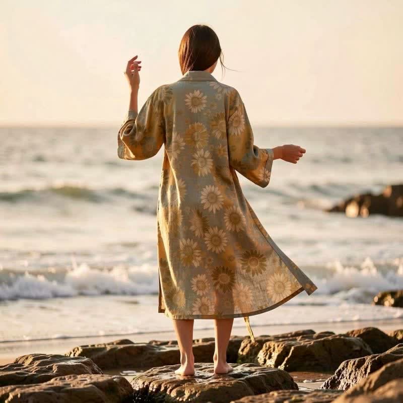 Ownkoti Vintage Sunflower Cotton Kimono Bathrobe - image 4