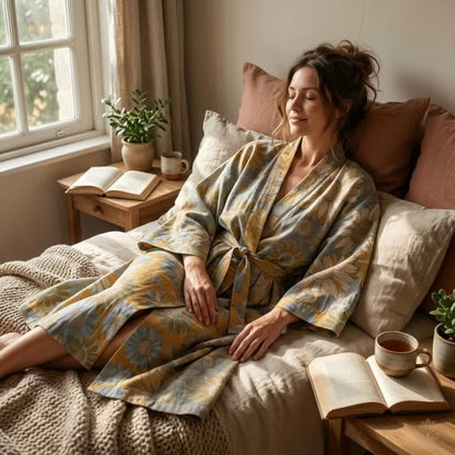 Ownkoti Vintage Sunflower Cotton Kimono Bathrobe - image 8