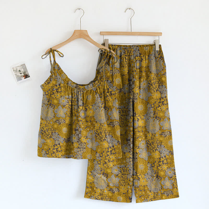 Ownkoti Vintage Floral Tie Strap Loungewear Set - Yellow - XL - image 6