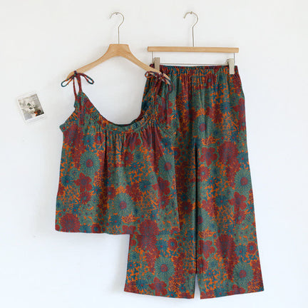 Ownkoti Vintage Floral Tie Strap Loungewear Set - Green - XL - image 0