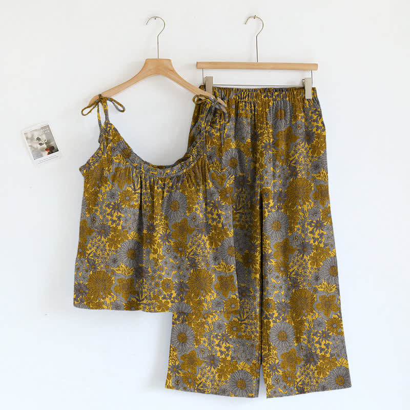 Ownkoti Vintage Floral Tie Strap Loungewear Set - Grey - XL - image 9