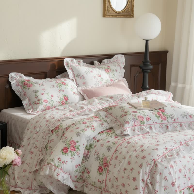 Ownkoti Romantic Rose Ruffle Bedding Set - White - 4PCS Bedding Set - Queen - image 0