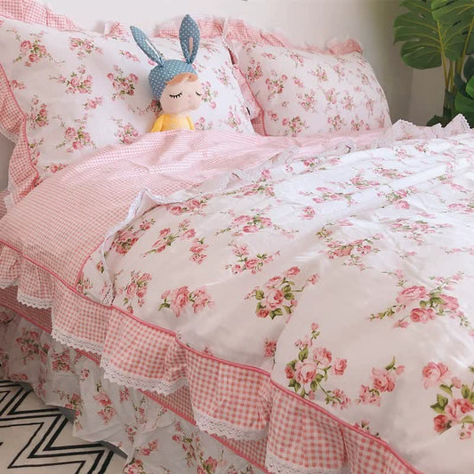 Ownkoti Vintage Floral Ruffle Cotton Bedding Set - MistyRose - 4PCS Bedding Set - Queen - image 0