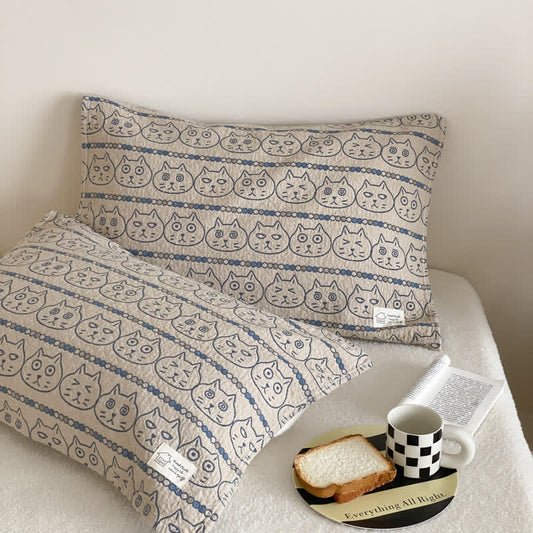 Ownkoti Funny Cat Print Cotton Pillow Towel Set - Ivory & Blue - 20″ × 29″ - 2-Pack Pillowcases - image 0