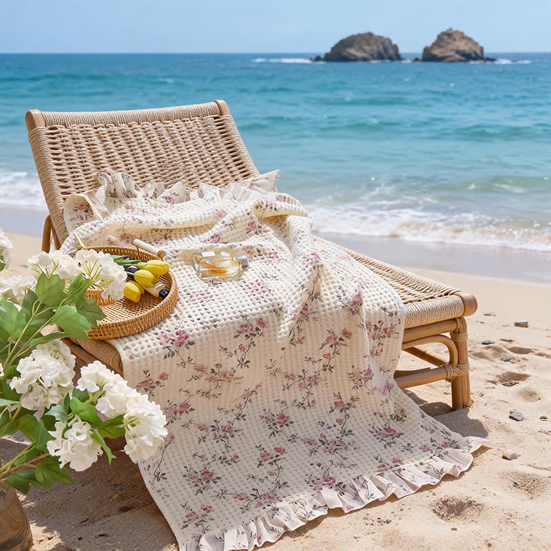 Ownkoti Cottagecore Ruffle Waffle Cotton Beach & Bath Towel - Pink - 2PCS - 19"W x 39"L & 27"W x 55"L - image 0