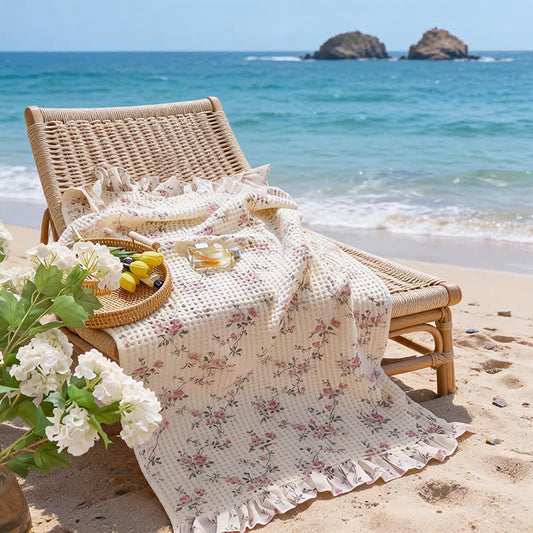 Ownkoti Cottagecore Ruffle Waffle Cotton Beach & Bath Towel - Pink - 2PCS - 19"W x 39"L & 27"W x 55"L - image 0