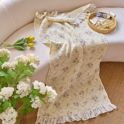 Ownkoti Cotton Waffle Weave Bath Towel with Ruffle Trim - Blue - 2PCS - 19"W x 39"L & 27"W x 55"L - image 2
