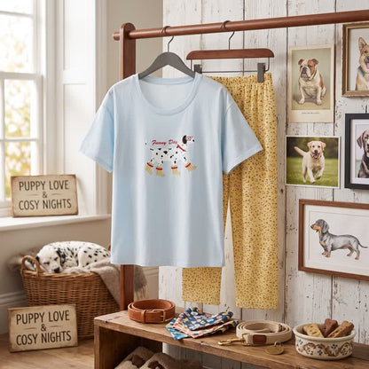 Ownkoti Cute Dog Graphic Cotton Loungewear Set - Blue & Yellow - 2XL - image 0
