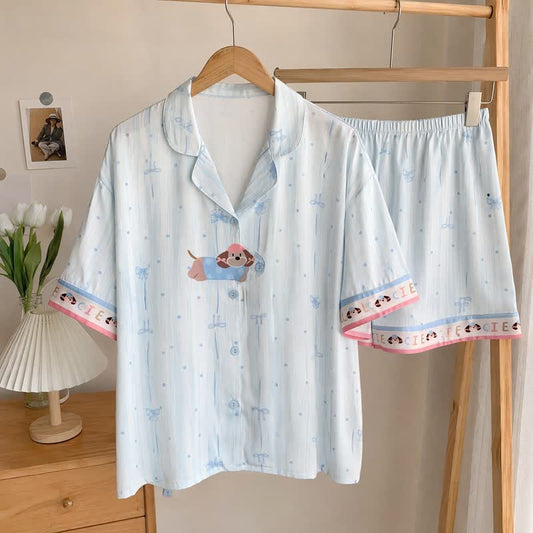Ownkoti Sky Blue Puppy Print  Pajama Set - Blue - 2XL - image 0