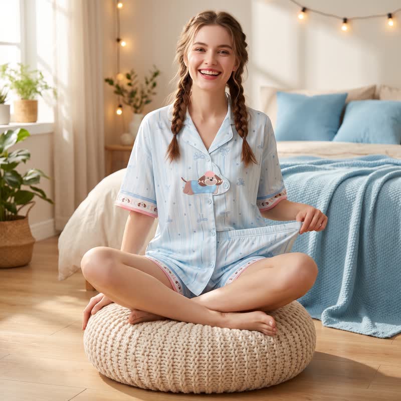 Ownkoti Sky Blue Puppy Print  Pajama Set - image 1