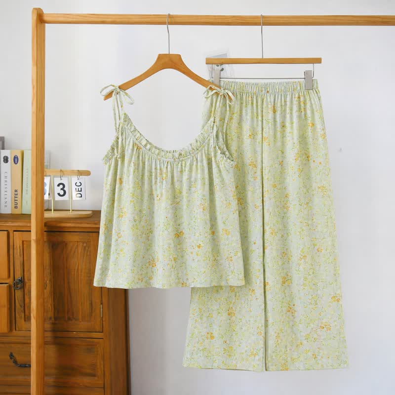 Ownkoti Ditsy Floral Tie Strap Cami Loungewear Set - Green - XL - image 6