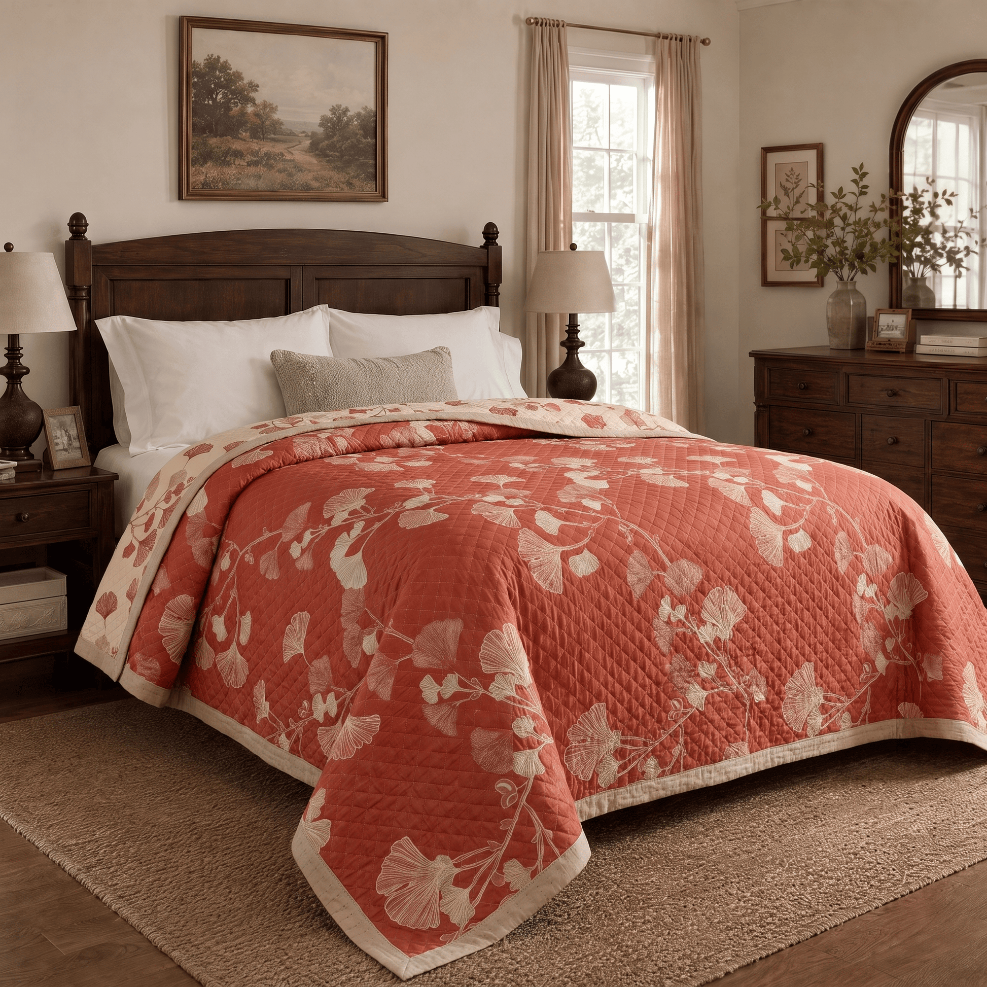 Ownkoti Red Ginkgo Leaf Pattern Cotton Blanket - image 2