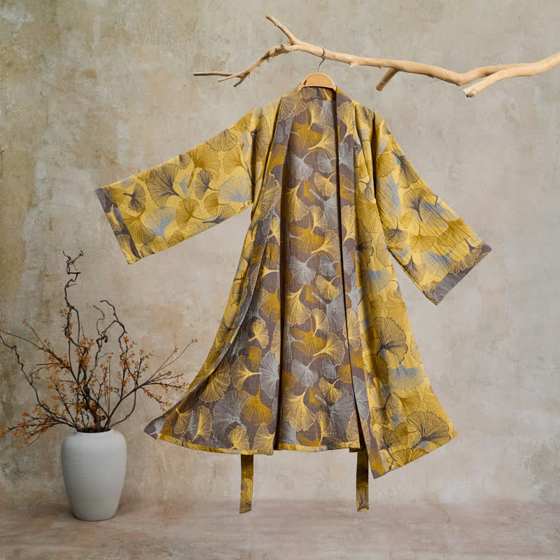 Ownkoti Vintage Ginkgo Leaf Cotton Double Gauze Robe - Yellow - 2XL - image 0