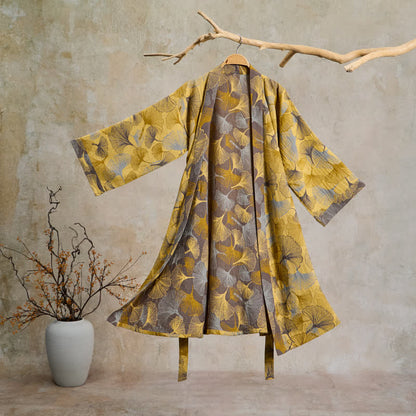 Ownkoti Vintage Ginkgo Leaf Cotton Double Gauze Robe - Yellow - 2XL - image 0