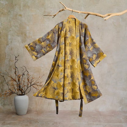 Ownkoti Vintage Ginkgo Leaf Cotton Double Gauze Robe - Light Brown - 2XL - image 6