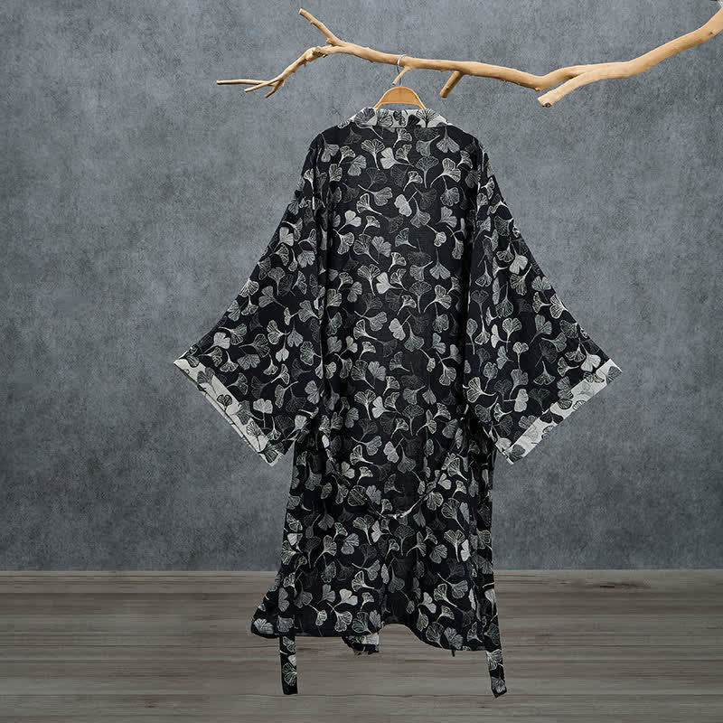 Ownkoti Black White Ginkgo Leaf Cotton Kimono Robe - image 1