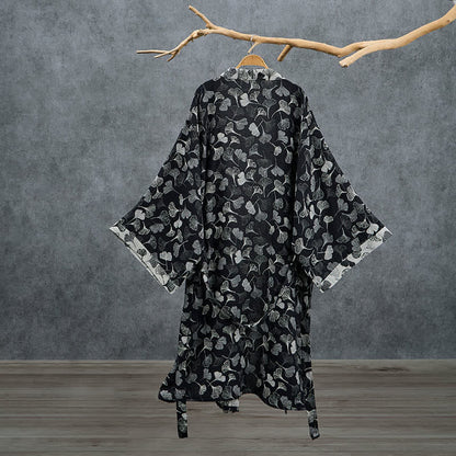 Ownkoti Black White Ginkgo Leaf Cotton Kimono Robe - image 1
