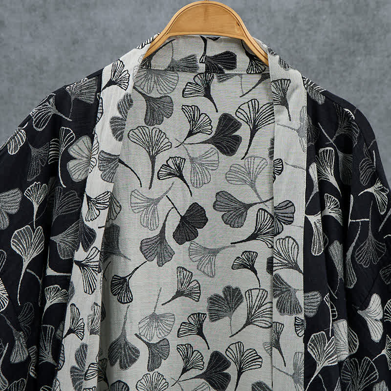 Ownkoti Black White Ginkgo Leaf Cotton Kimono Robe - image 3