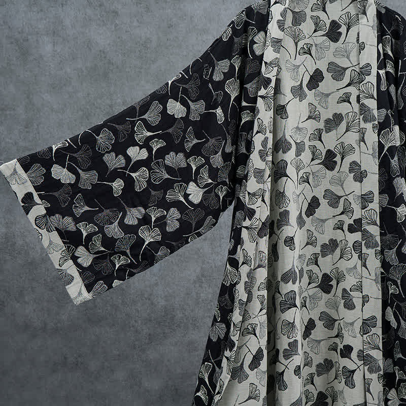 Ownkoti Black White Ginkgo Leaf Cotton Kimono Robe - image 2