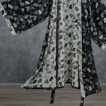 Ownkoti Black White Ginkgo Leaf Cotton Kimono Robe - image 4