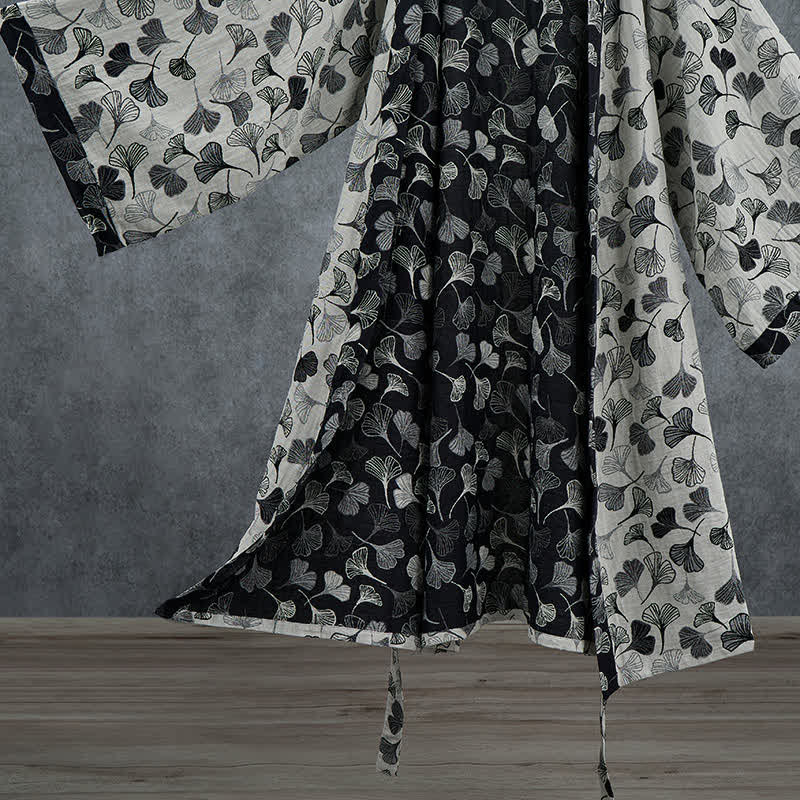 Ownkoti Black White Ginkgo Leaf Cotton Kimono Robe - image 11