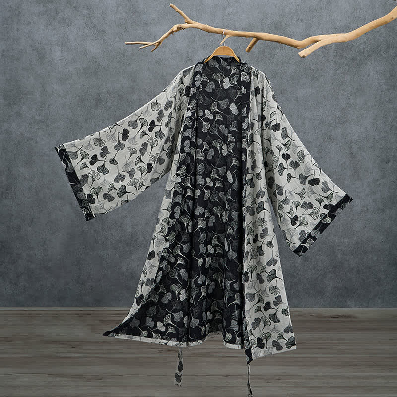 Ownkoti Black White Ginkgo Leaf Cotton Kimono Robe - White - 2XL - image 7