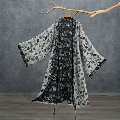 Ownkoti Black White Ginkgo Leaf Cotton Kimono Robe - White - 2XL - image 7