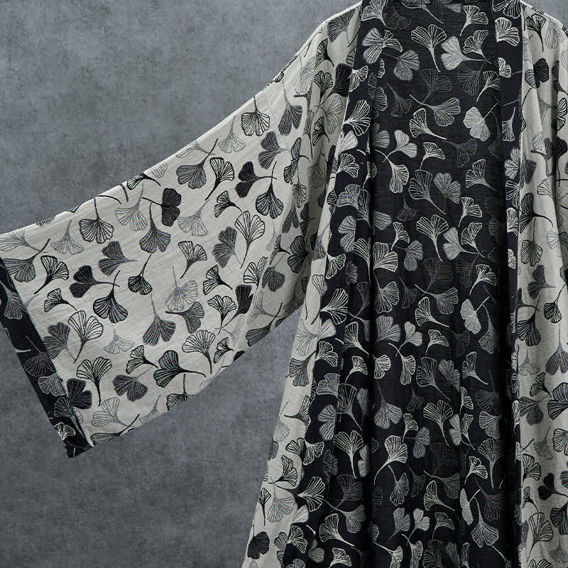 Ownkoti Black White Ginkgo Leaf Cotton Kimono Robe - image 9