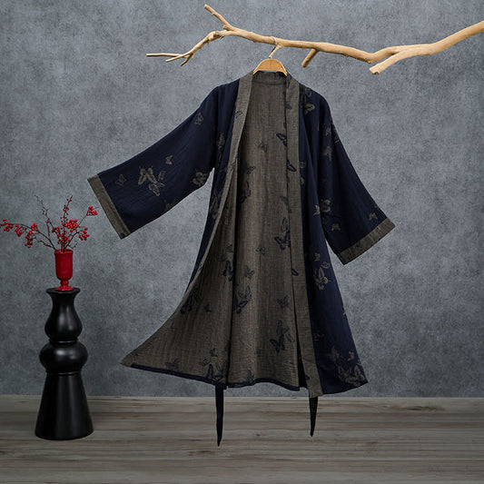 Ownkoti Navy Butterfly Cotton Double Gauze Kimono Robe - Navy - 2XL - image 0