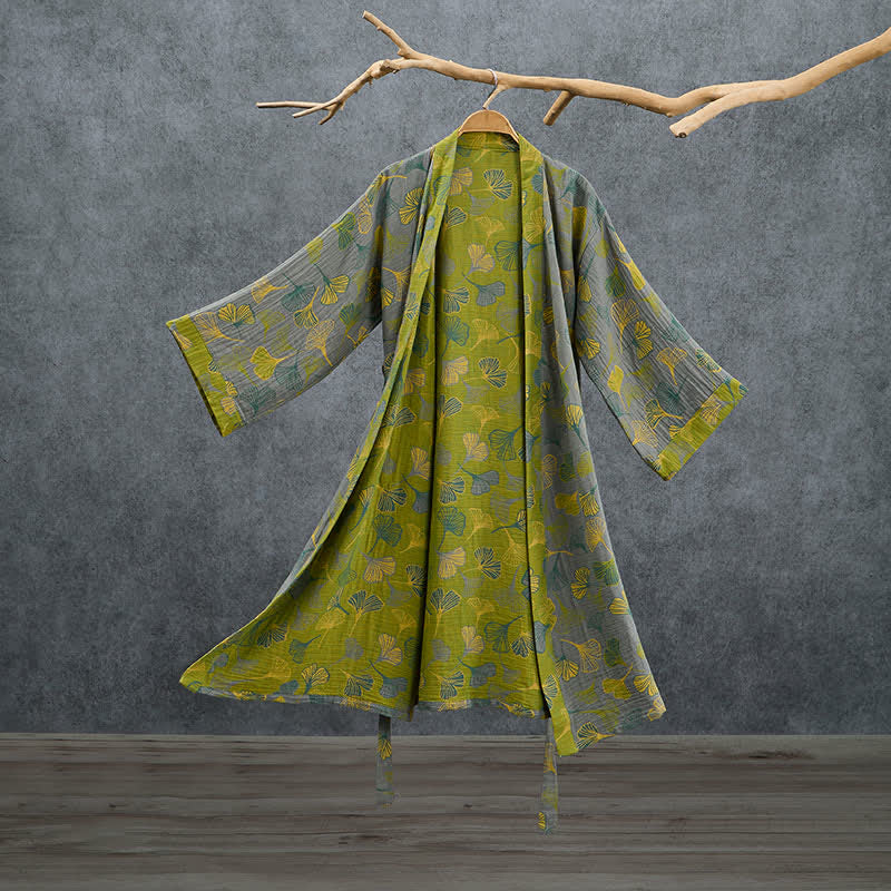 Ownkoti Green Gray Ginkgo Leaf Cotton Kimono Robe - Grey - 2XL - image 7