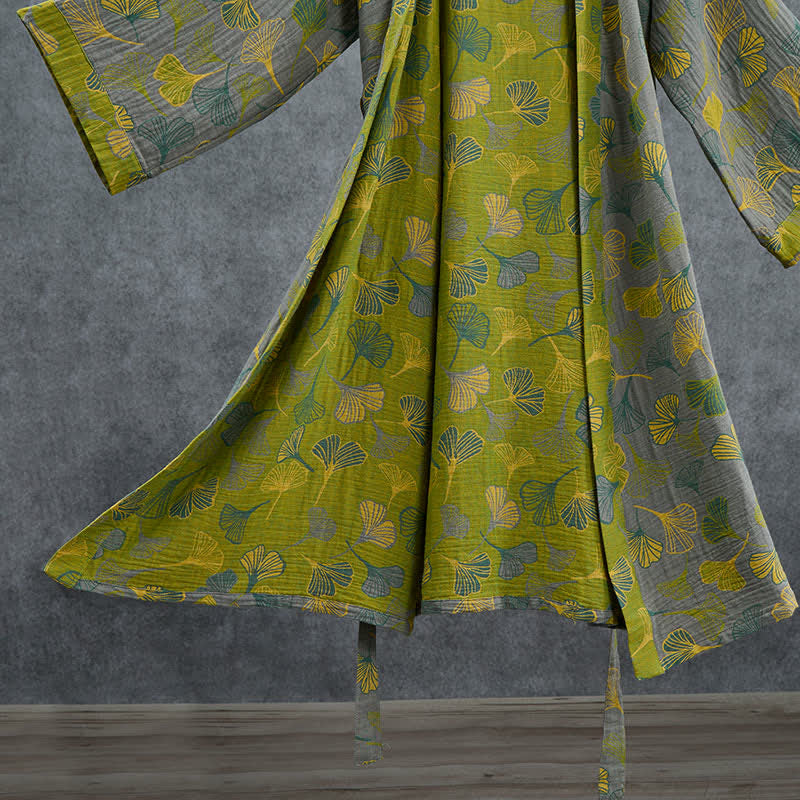 Ownkoti Green Gray Ginkgo Leaf Cotton Kimono Robe - image 11