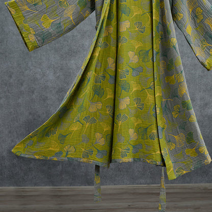 Ownkoti Green Gray Ginkgo Leaf Cotton Kimono Robe - image 11