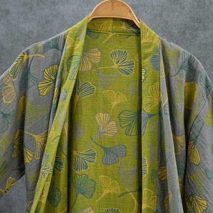 Ownkoti Green Gray Ginkgo Leaf Cotton Kimono Robe - image 10