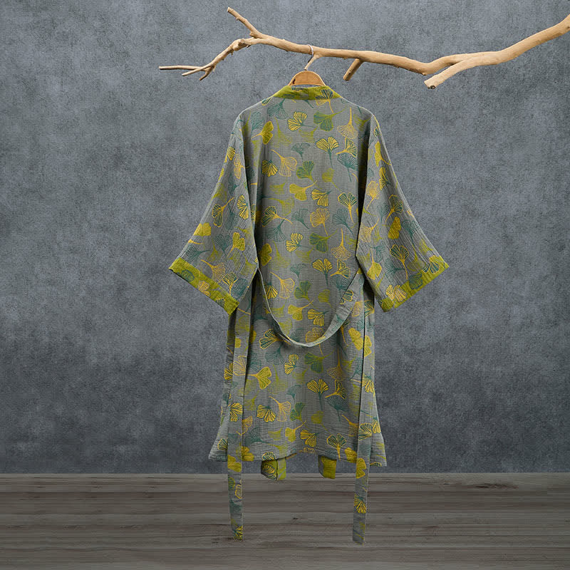 Ownkoti Green Gray Ginkgo Leaf Cotton Kimono Robe - image 8