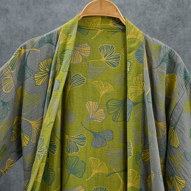 Ownkoti Green Gray Ginkgo Leaf Cotton Kimono Robe - image 10