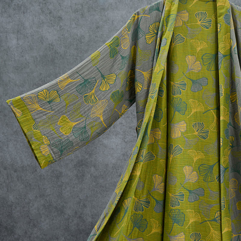 Ownkoti Green Gray Ginkgo Leaf Cotton Kimono Robe - image 9