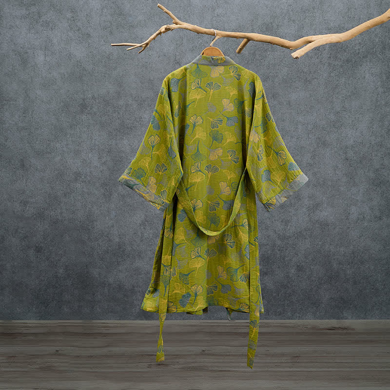 Ownkoti Green Gray Ginkgo Leaf Cotton Kimono Robe - image 1